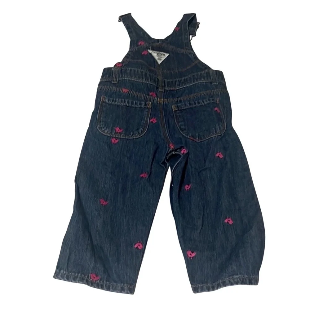 OshKosh 18M Denim Overalls Pink Bird Print‎ Toddler Girls Cute EUC